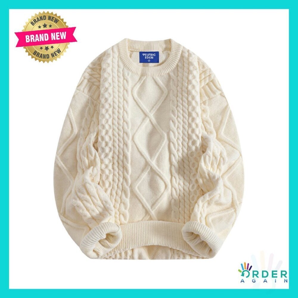 Oversized Cable Knit Sweater Vintage Pullover Unisex Soft Polyester Casual